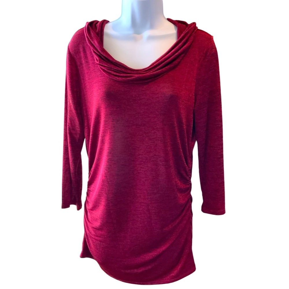 Chaus Top Red and Black Cowl Neck Ruched Long Sleeves Stretchy Soft Size Medium